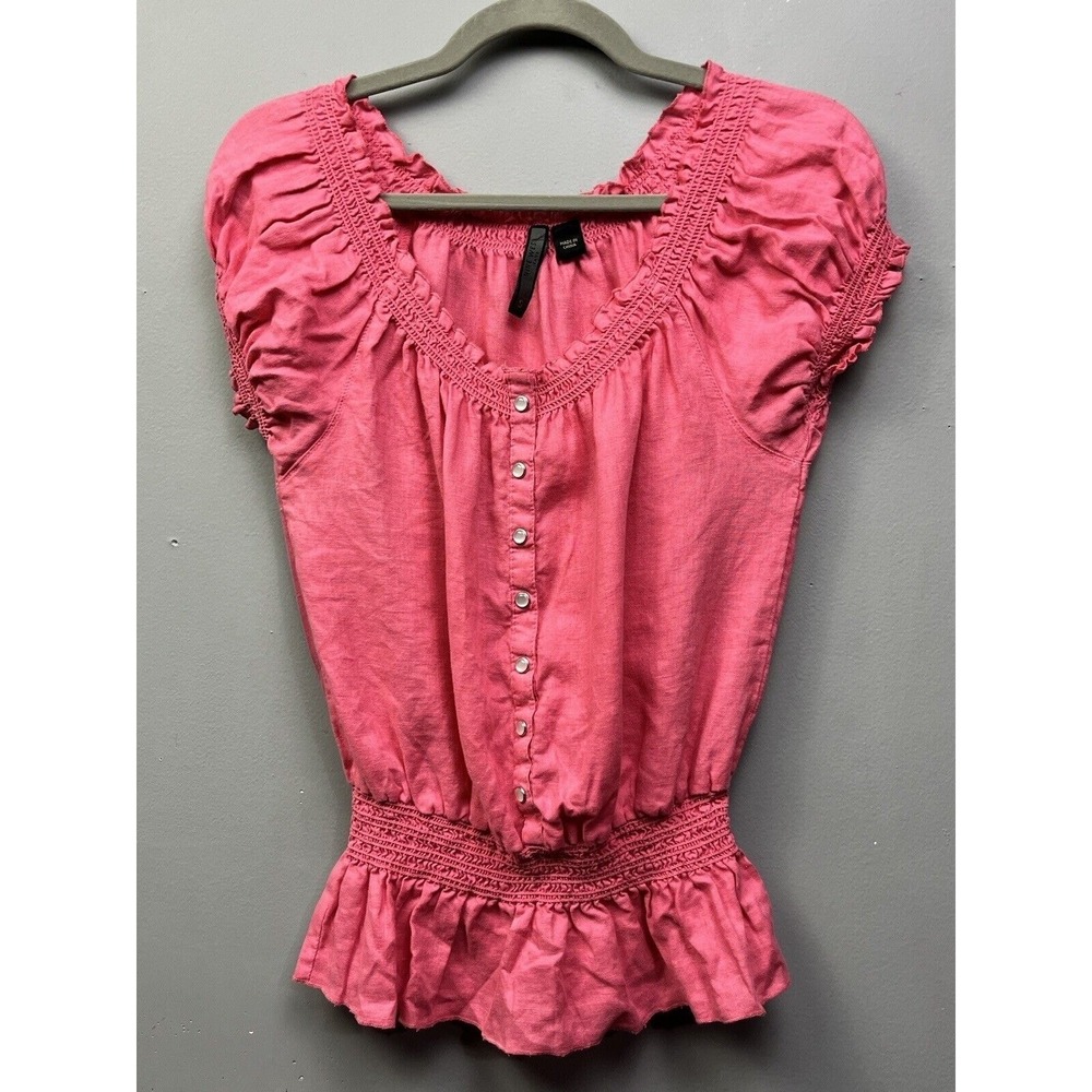 Nine West Jeans Top Womens Small Pink 100% Linen Smocked Peplum Blouse S Short